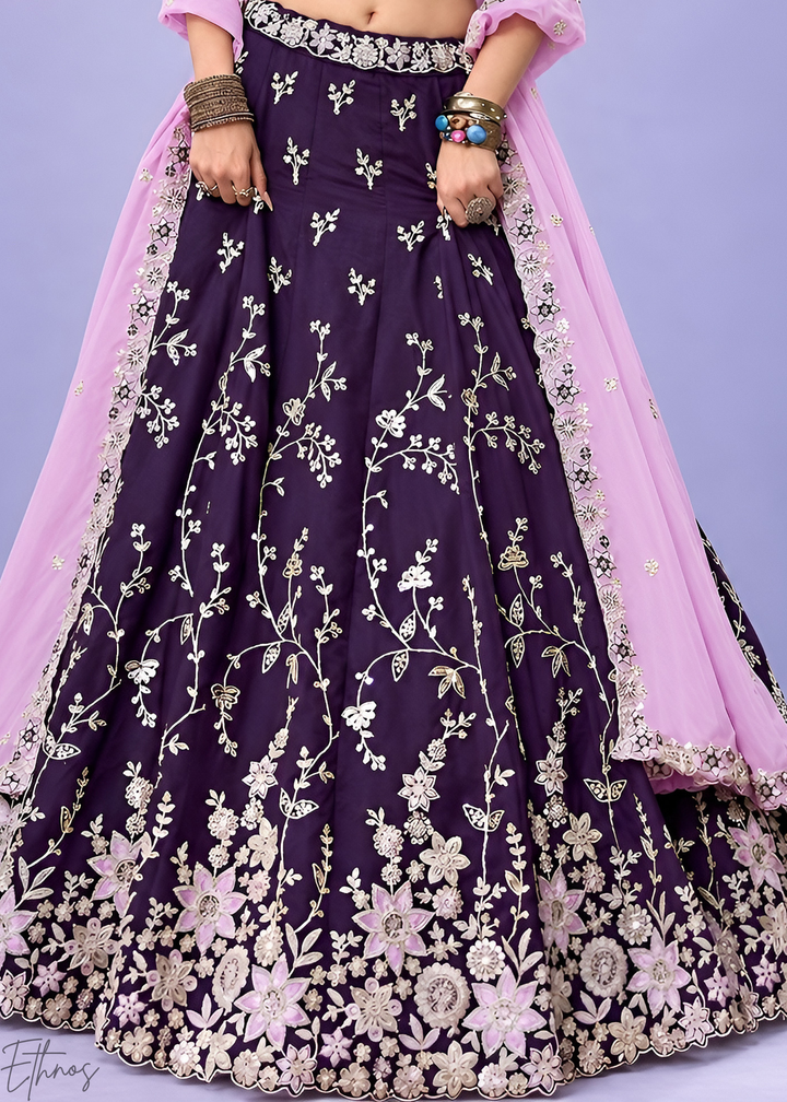 Plum Purple Foliage Medallion Rangoli Silk Lehenga Choli
