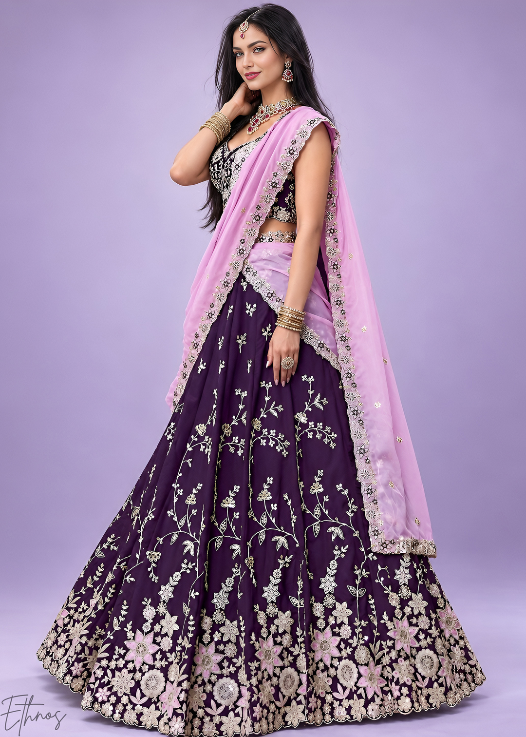 Plum Purple Foliage Medallion Rangoli Silk Lehenga Choli