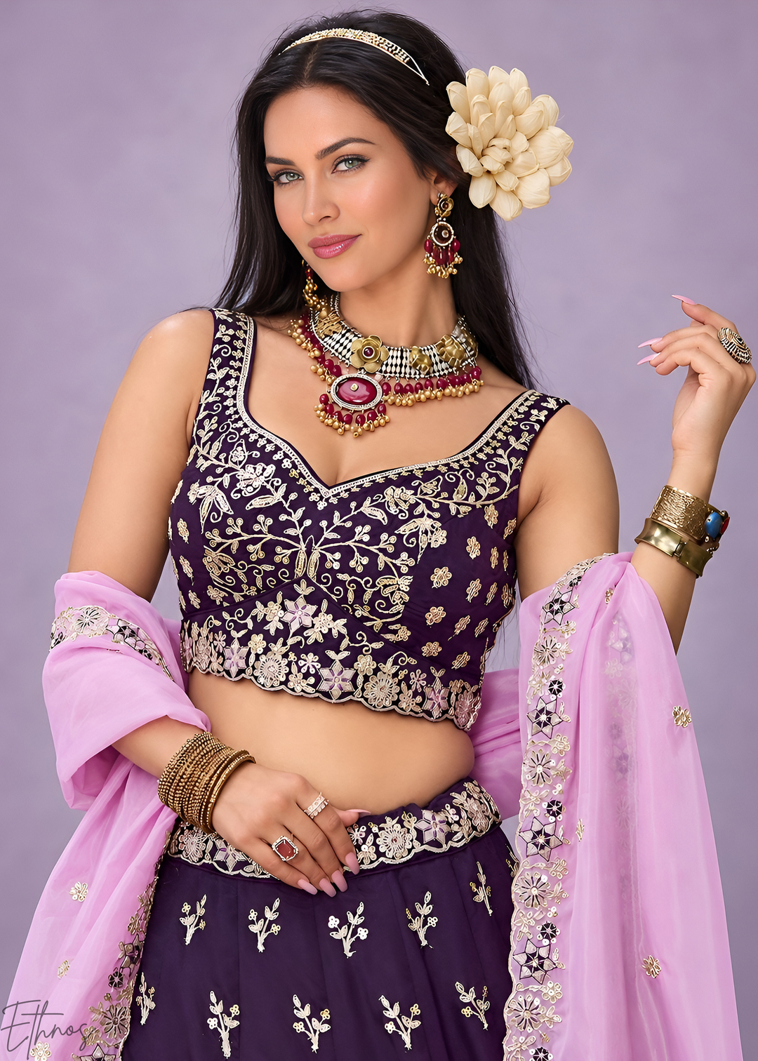 Plum Purple Foliage Medallion Rangoli Silk Lehenga Choli