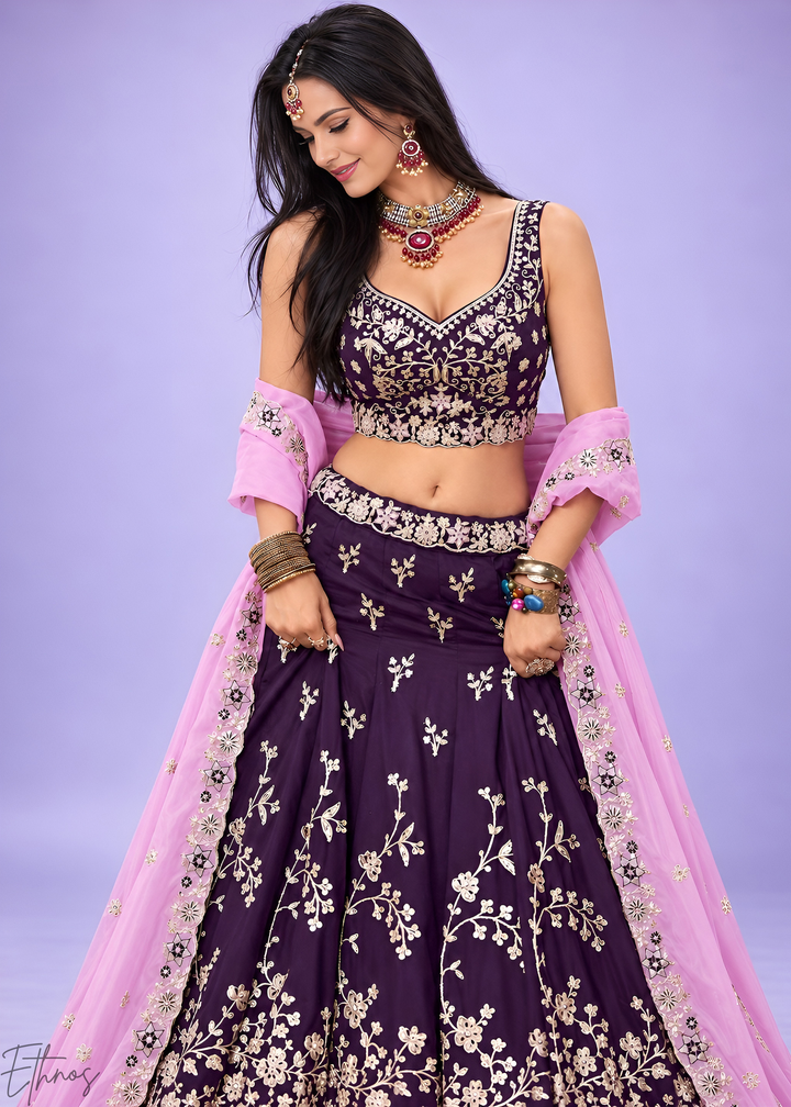 Plum Purple Foliage Medallion Rangoli Silk Lehenga Choli