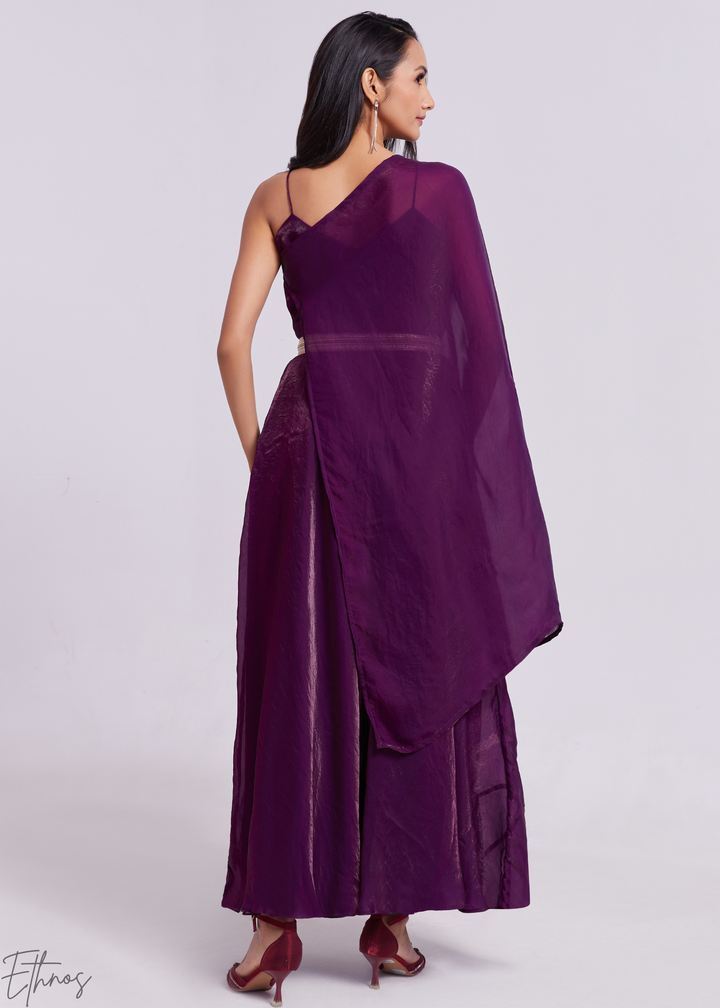 Plum Purple Organza Pre-Draped Jumpsuit with Embroidered Belt