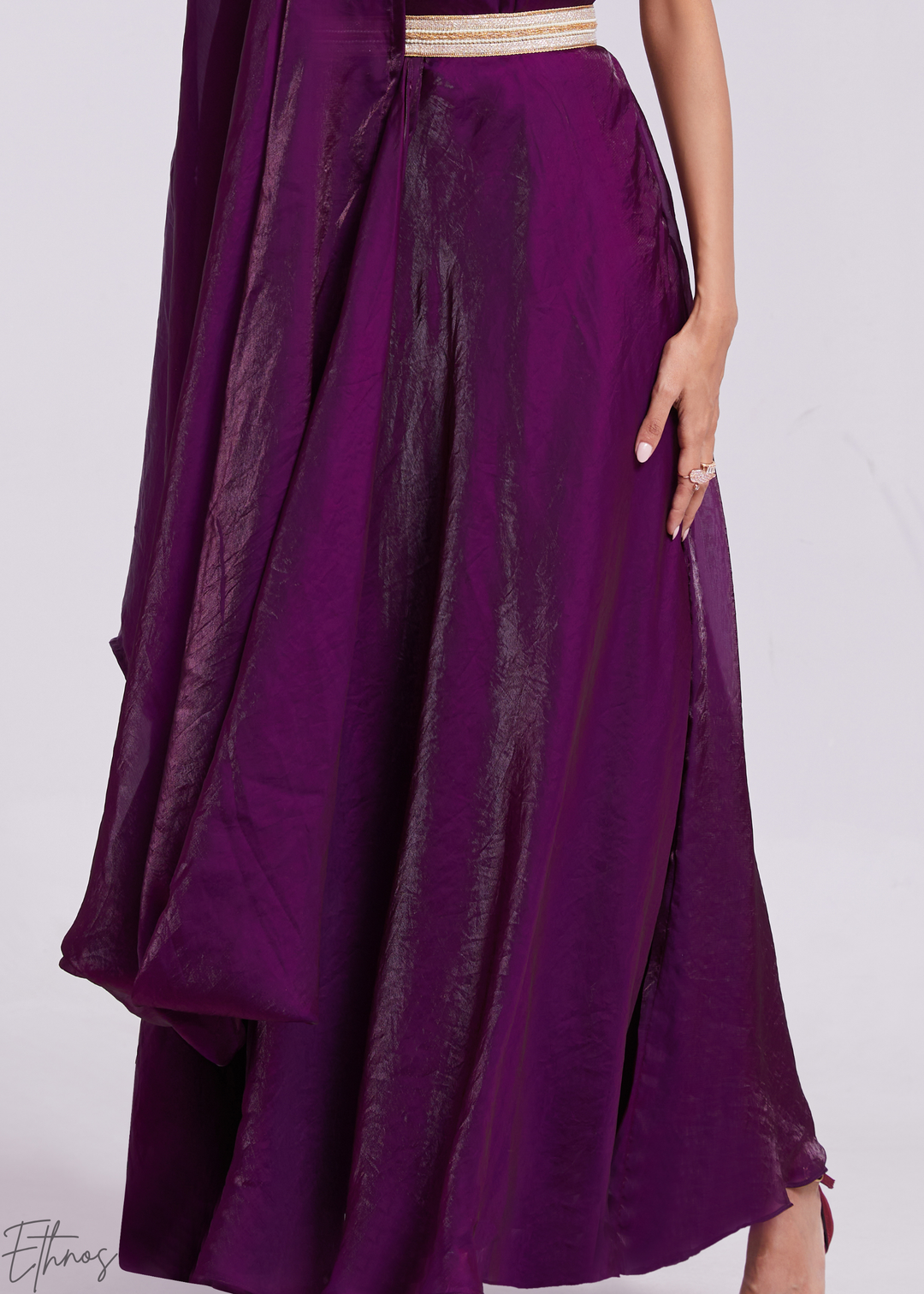 Plum Purple Organza Pre-Draped Jumpsuit with Embroidered Belt
