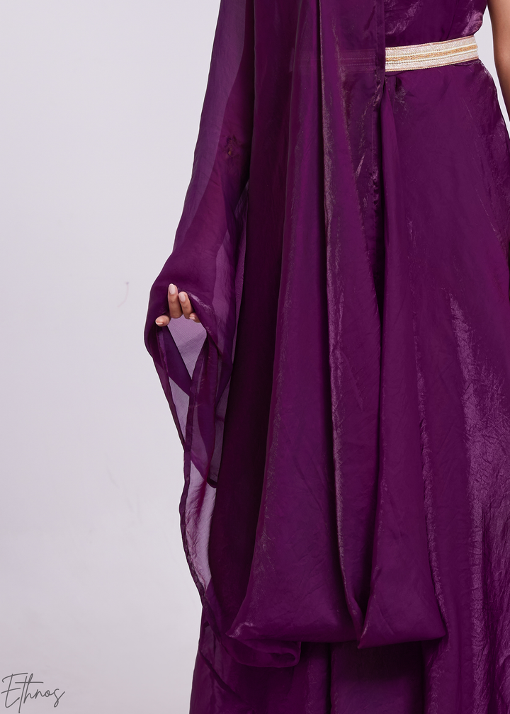 Plum Purple Organza Pre-Draped Jumpsuit with Embroidered Belt