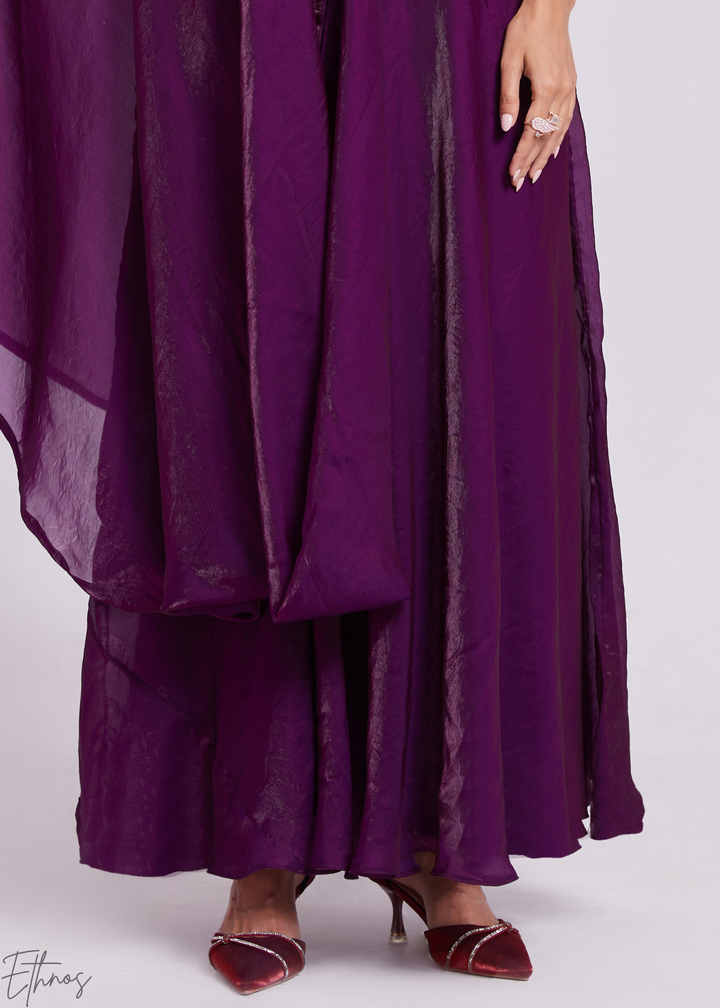 Plum Purple Organza Pre-Draped Jumpsuit with Embroidered Belt