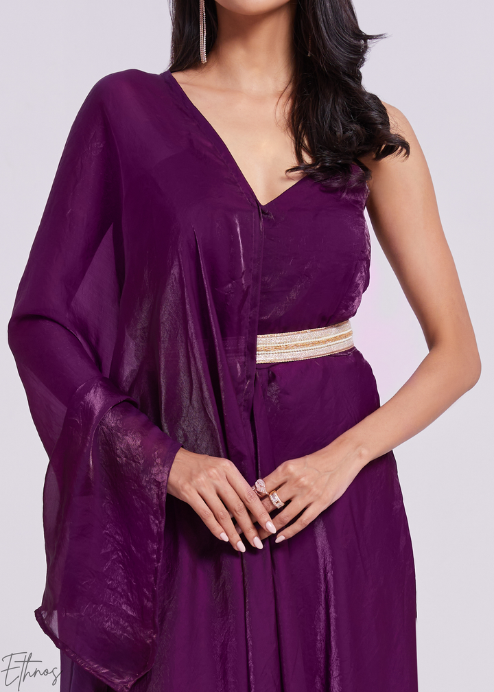 Plum Purple Organza Pre-Draped Jumpsuit with Embroidered Belt