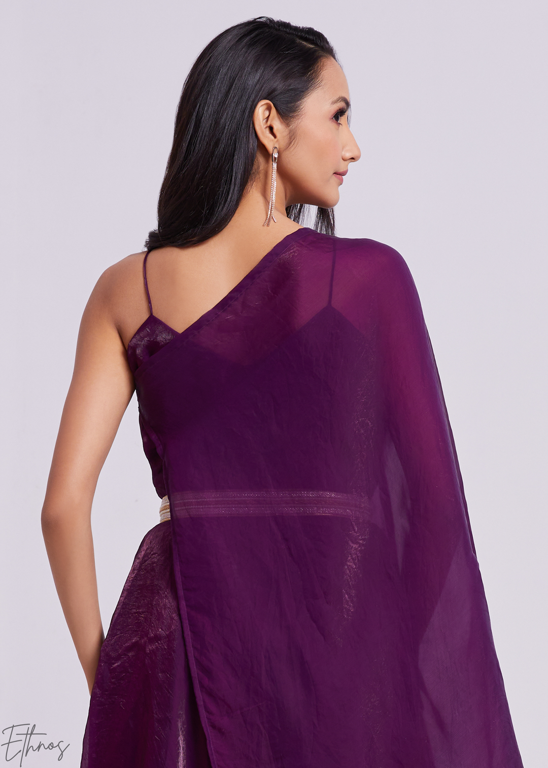 Plum Purple Organza Pre-Draped Jumpsuit with Embroidered Belt