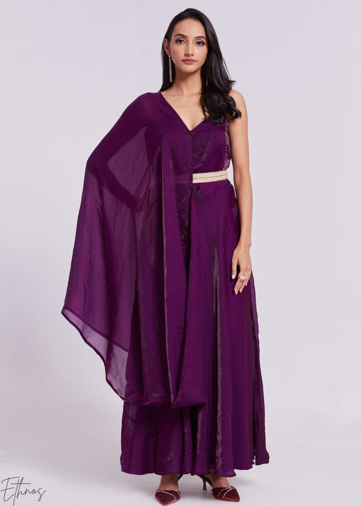 Plum Purple Organza Pre-Draped Jumpsuit with Embroidered Belt