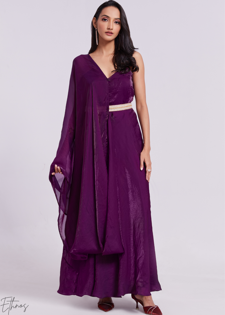 Plum Purple Organza Pre-Draped Jumpsuit with Embroidered Belt