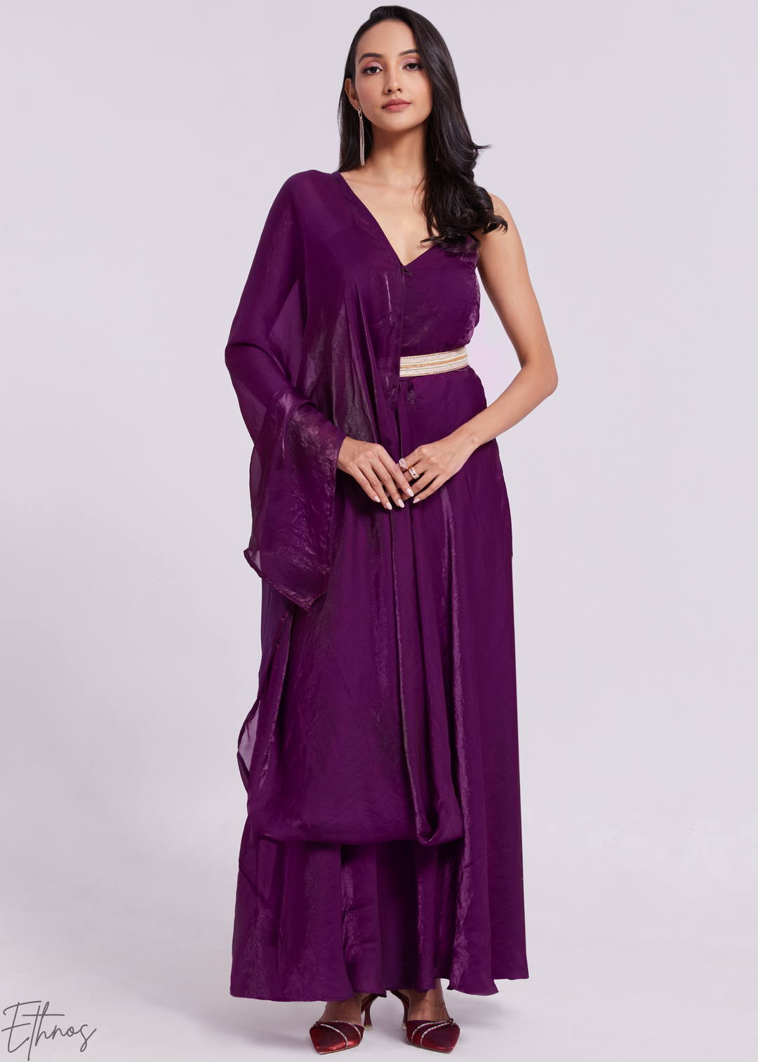 Plum Purple Organza Pre-Draped Jumpsuit with Embroidered Belt