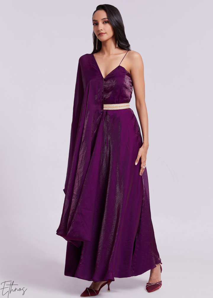 Plum Purple Organza Pre-Draped Jumpsuit with Embroidered Belt