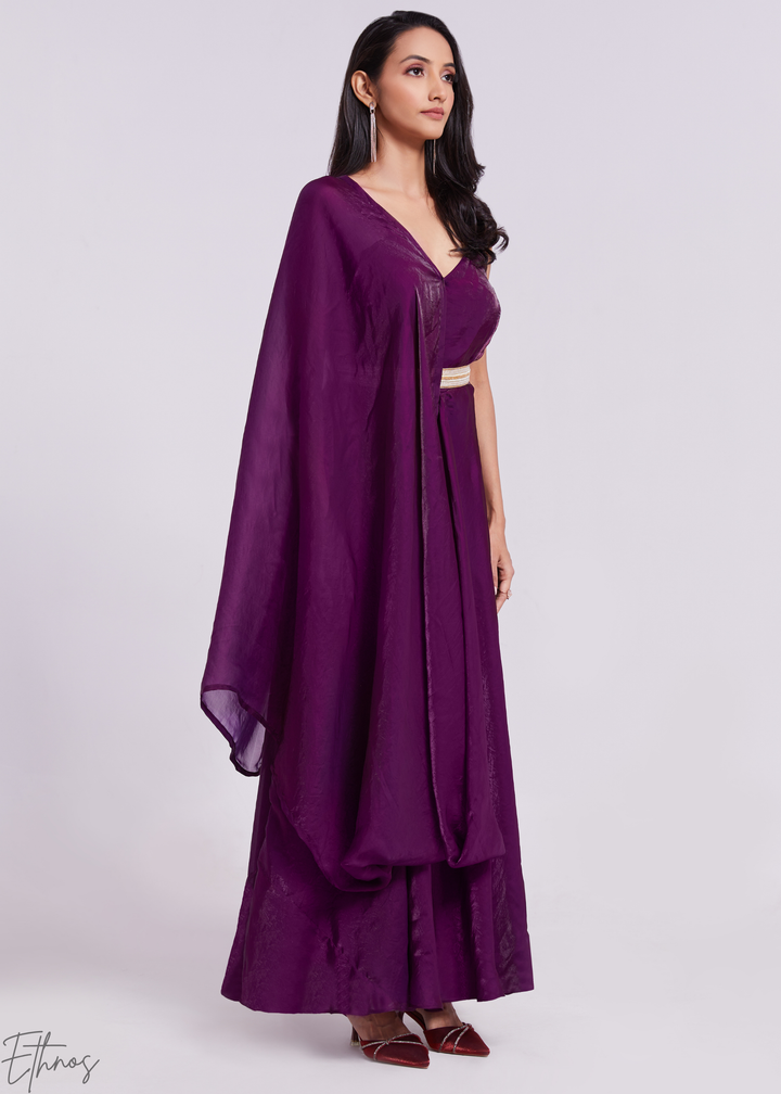 Plum Purple Organza Pre-Draped Jumpsuit with Embroidered Belt
