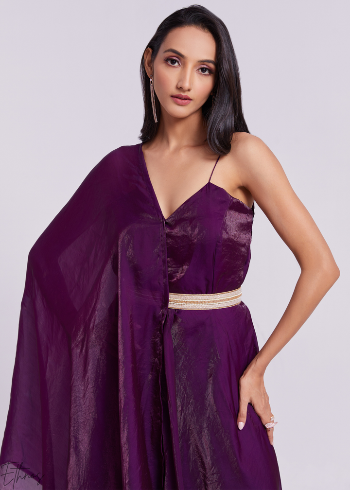 Plum Purple Organza Pre-Draped Jumpsuit with Embroidered Belt