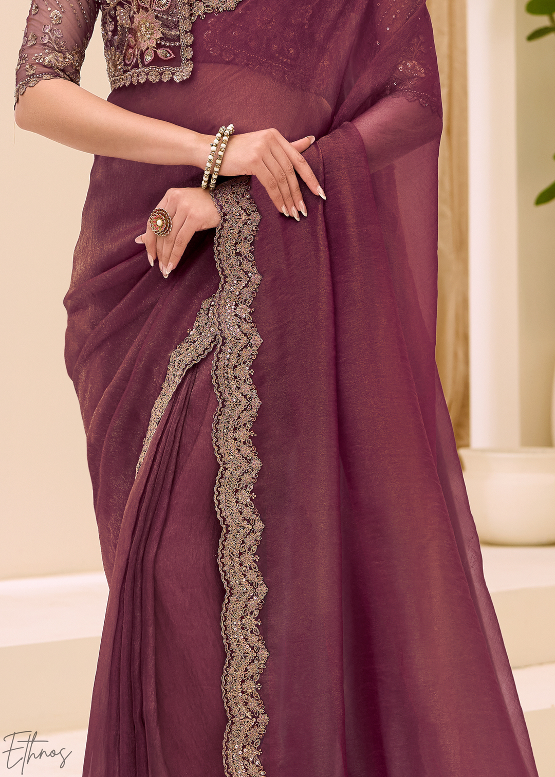 Plum Purple Vine Embroidered Tissue Georgette Saree