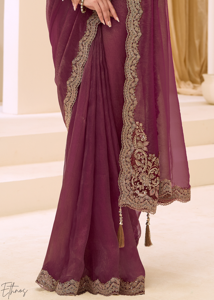 Plum Purple Vine Embroidered Tissue Georgette Saree