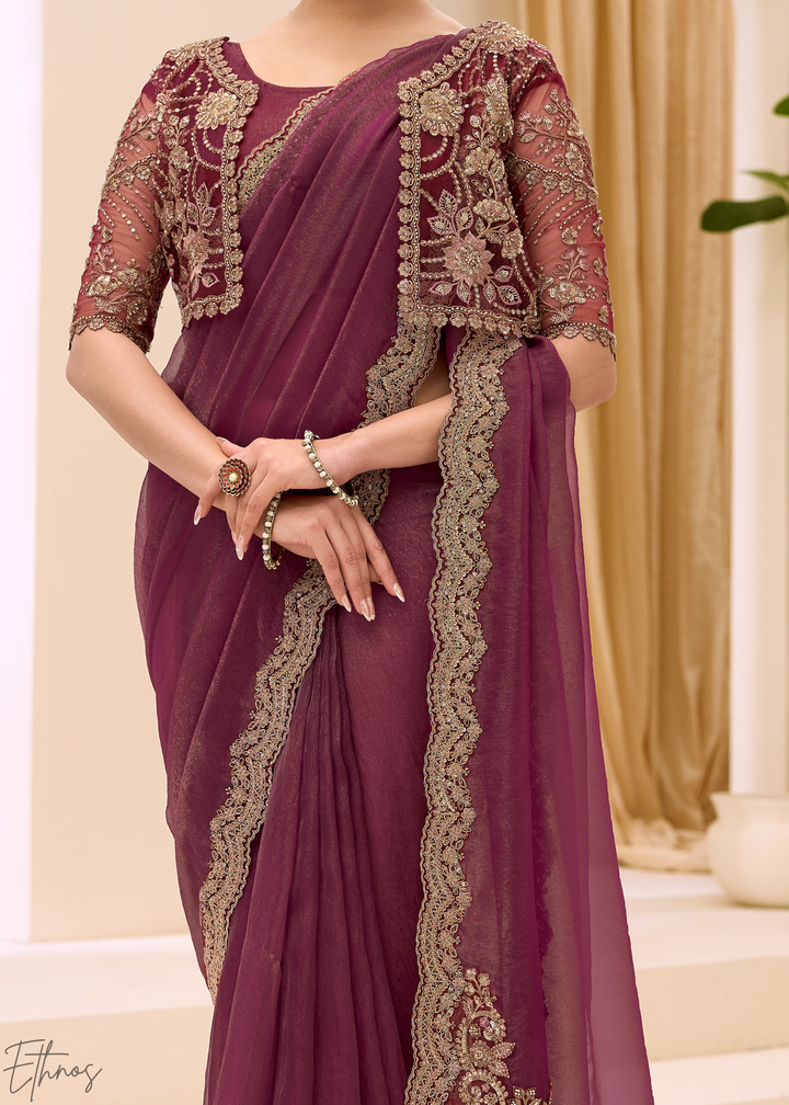 Plum Purple Vine Embroidered Tissue Georgette Saree