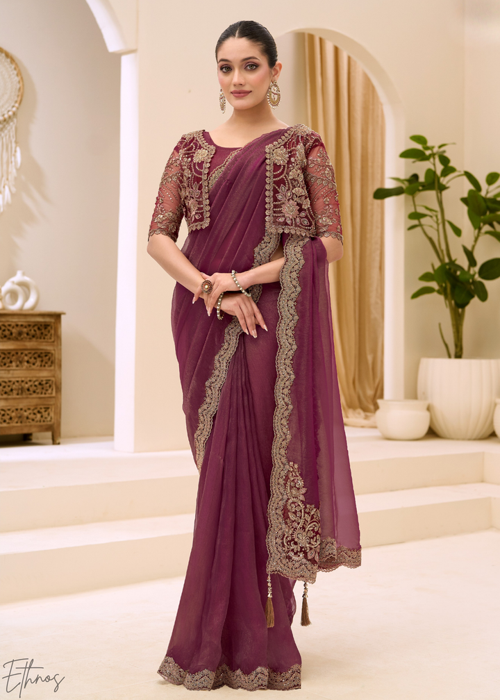 Plum Purple Vine Embroidered Tissue Georgette Saree