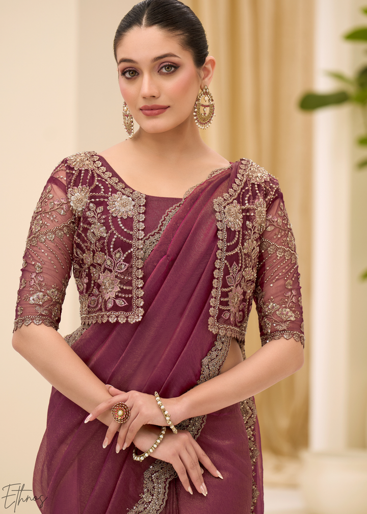 Plum Purple Vine Embroidered Tissue Georgette Saree