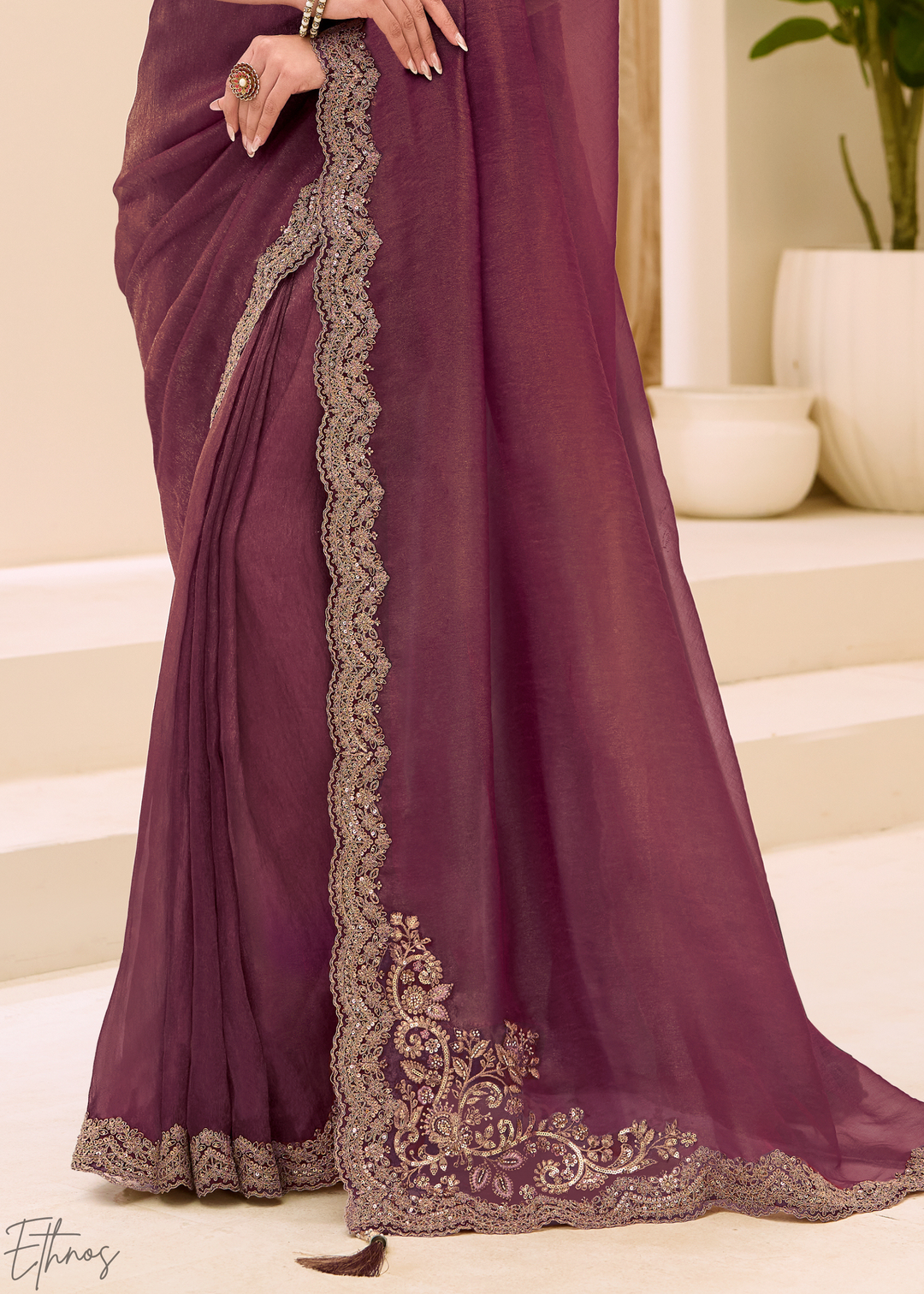 Plum Purple Vine Embroidered Tissue Georgette Saree