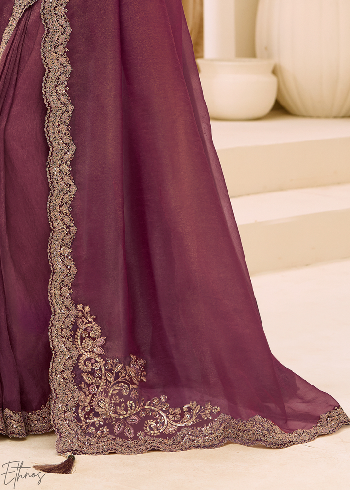 Plum Purple Vine Embroidered Tissue Georgette Saree