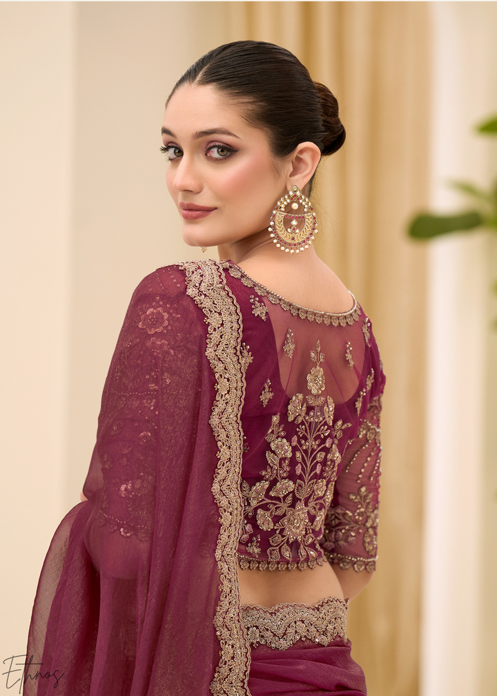 Plum Purple Vine Embroidered Tissue Georgette Saree