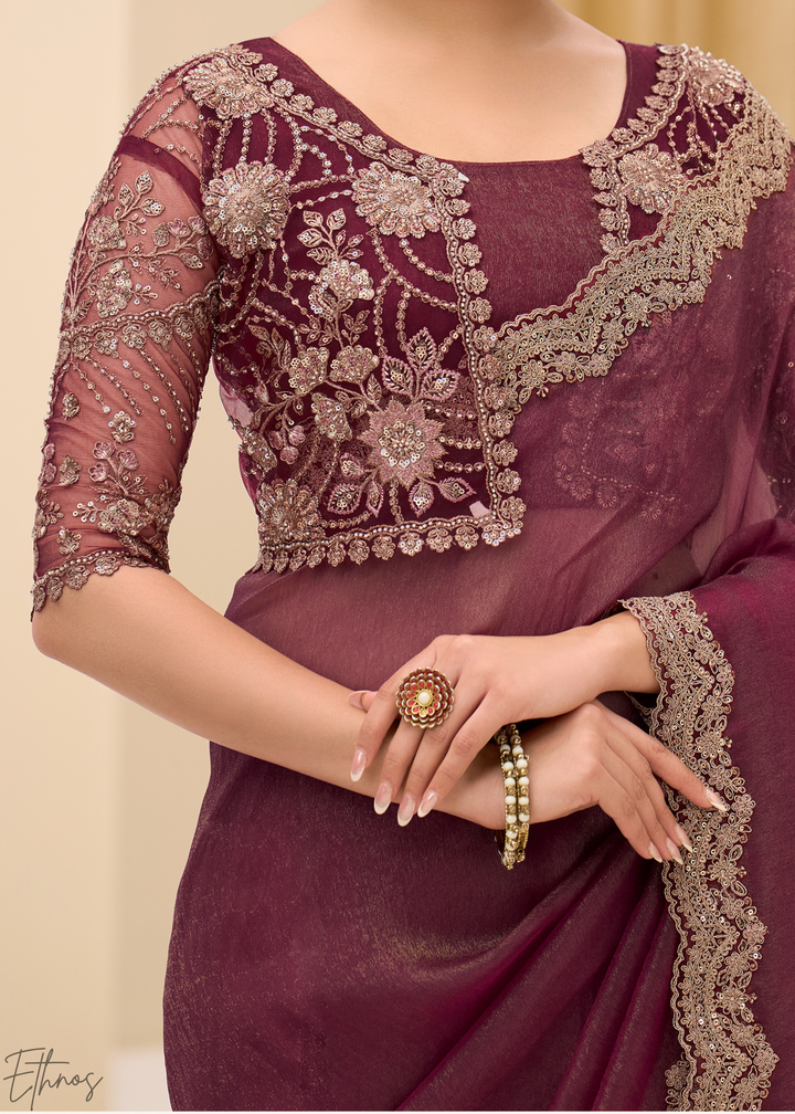 Plum Purple Vine Embroidered Tissue Georgette Saree