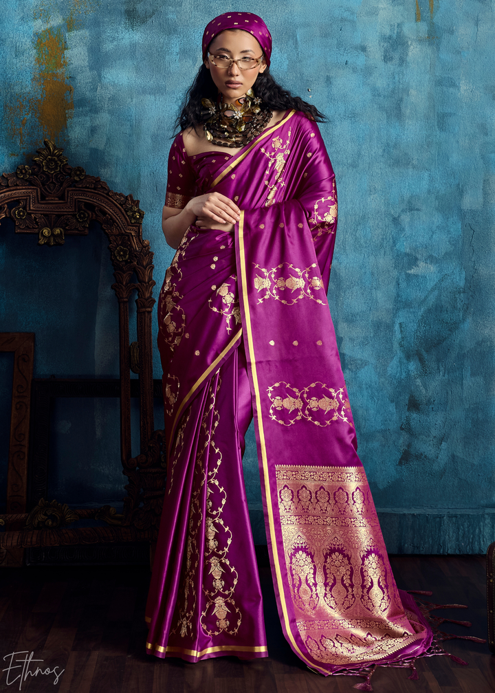 Plum Floral Brocade Satin Silk Saree