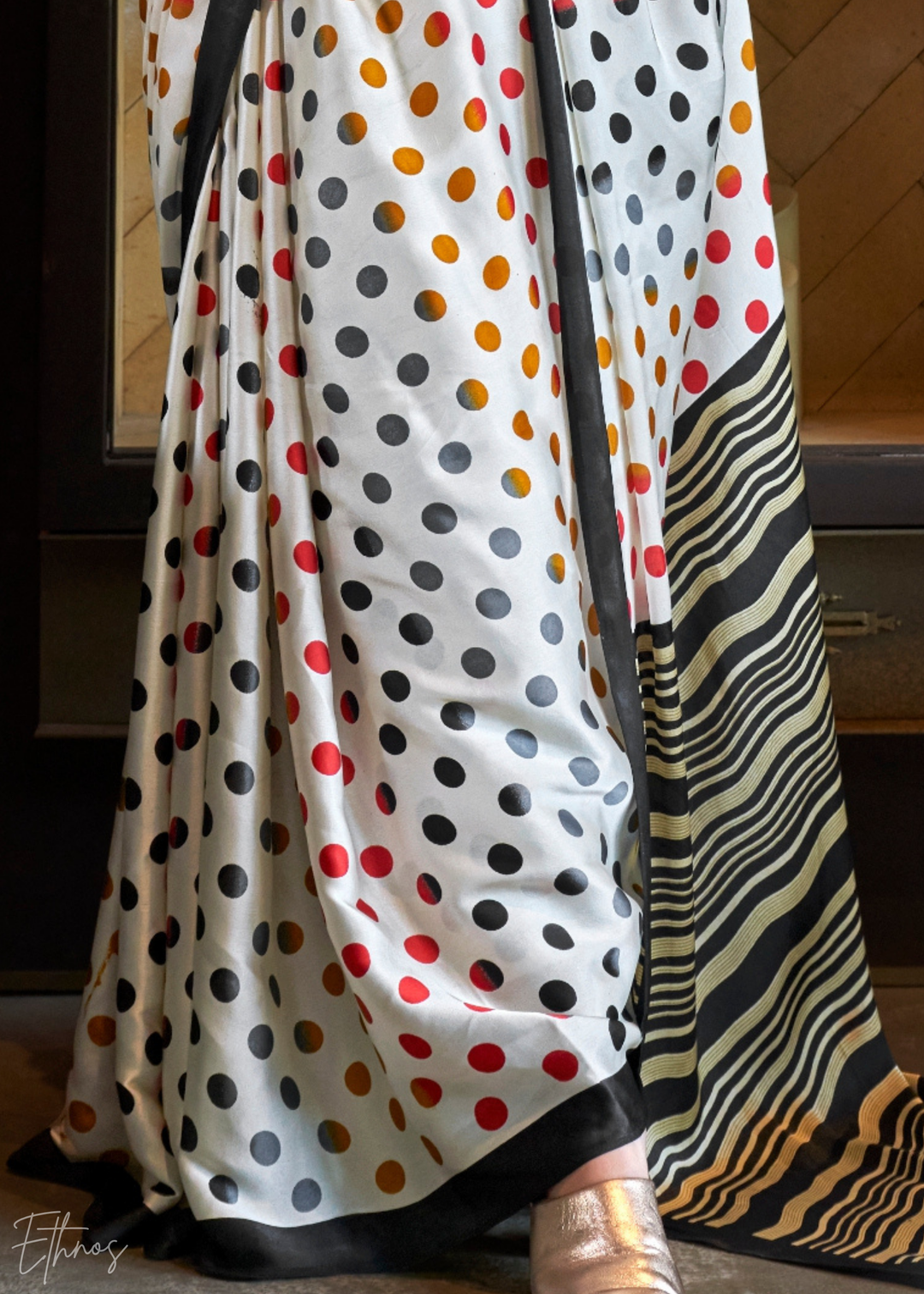 Porcelain White Polka Patola Crepe Silk Saree