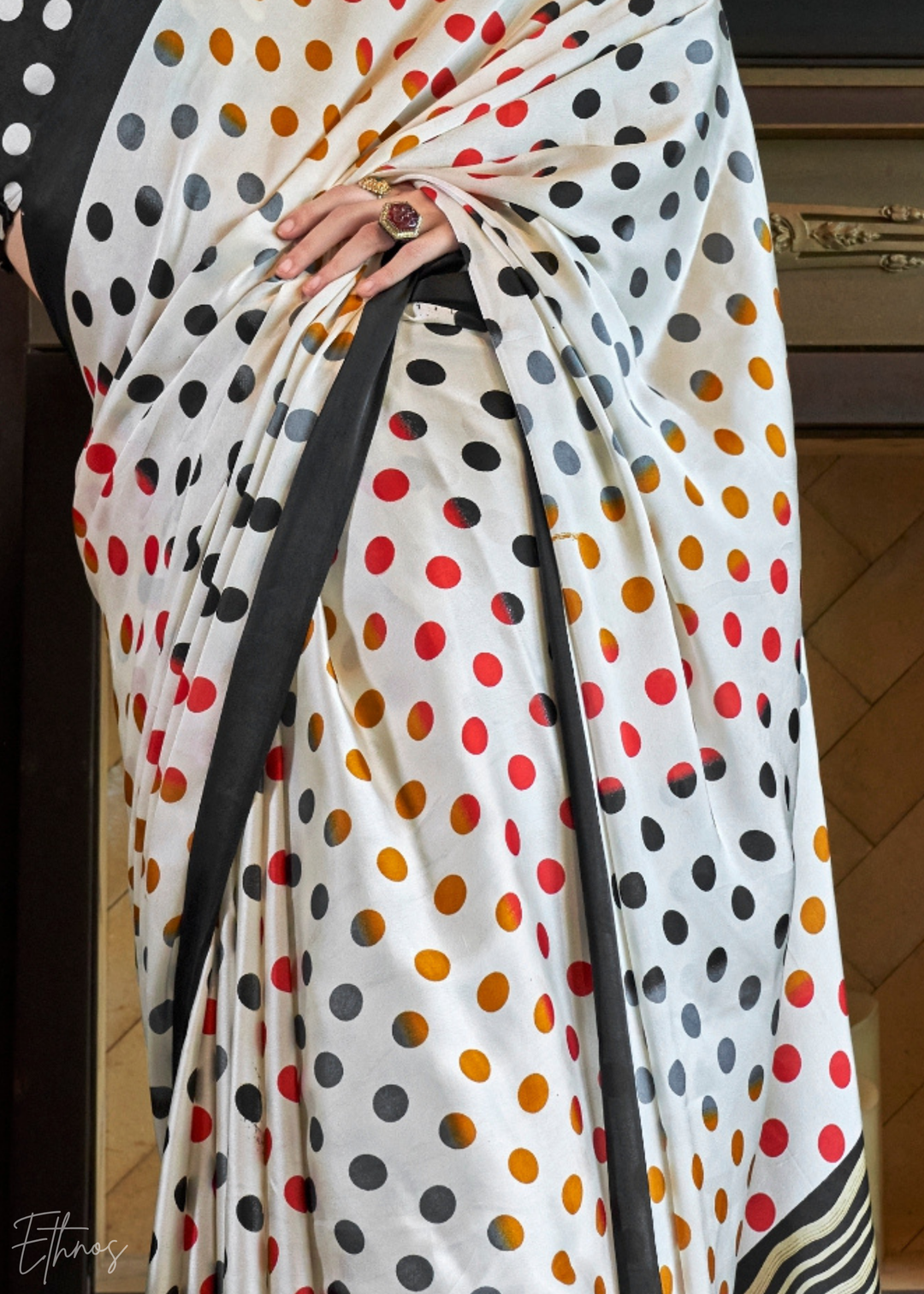 Porcelain White Polka Patola Crepe Silk Saree