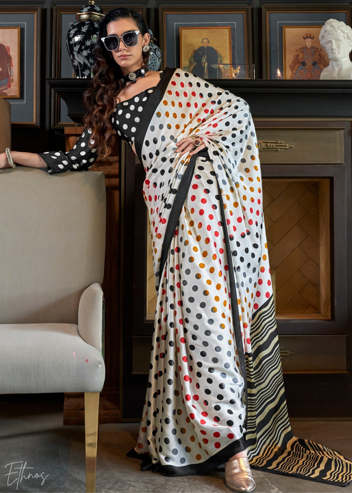 Porcelain White Polka Patola Crepe Silk Saree