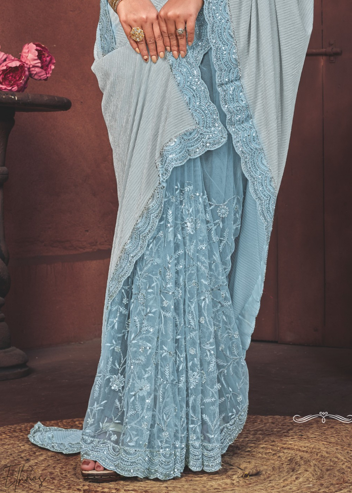 Powder-Blue Scalloped Lycra-Net Saree