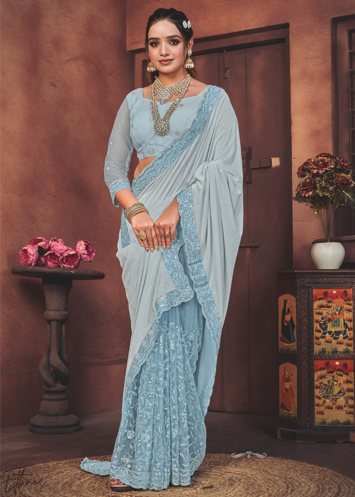 Powder-Blue Scalloped Lycra-Net Saree