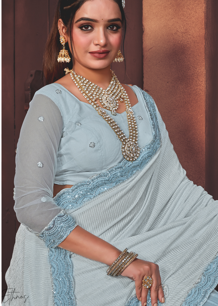 Powder-Blue Scalloped Lycra-Net Saree