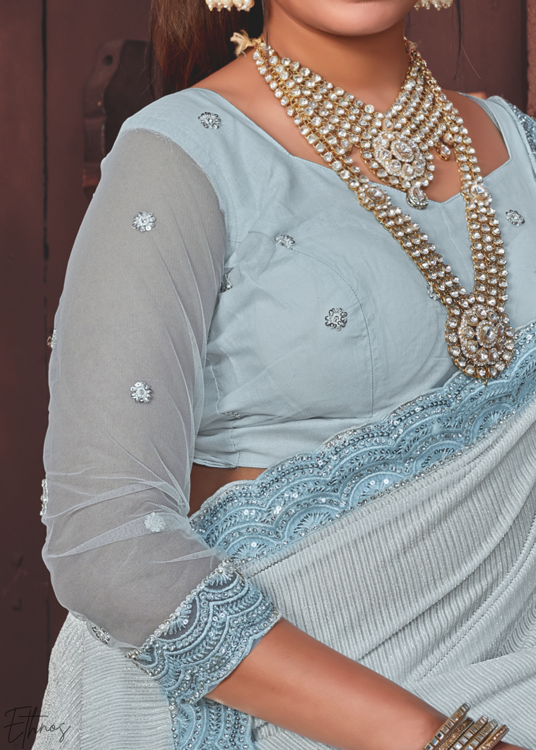 Powder-Blue Scalloped Lycra-Net Saree