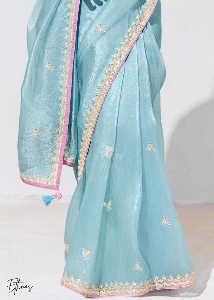 Powder Blue Glass Tissue Organza Saree