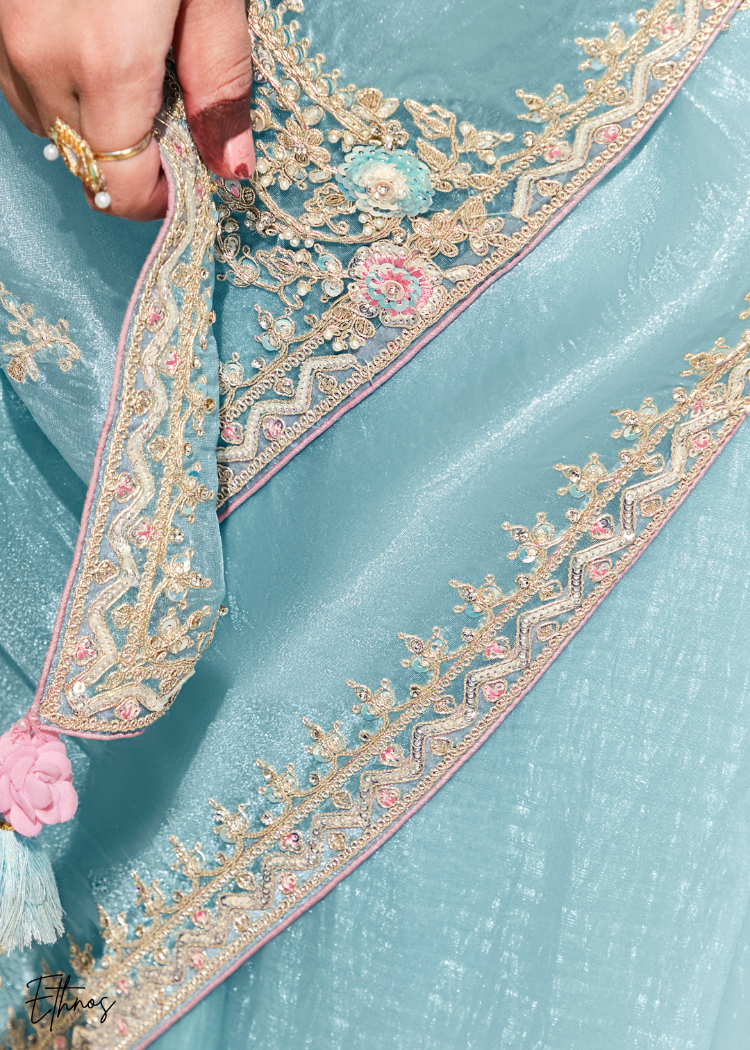 Powder Blue Glass Tissue Organza Saree