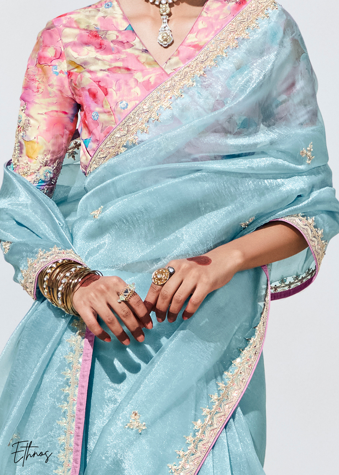 Powder Blue Glass Tissue Organza Saree