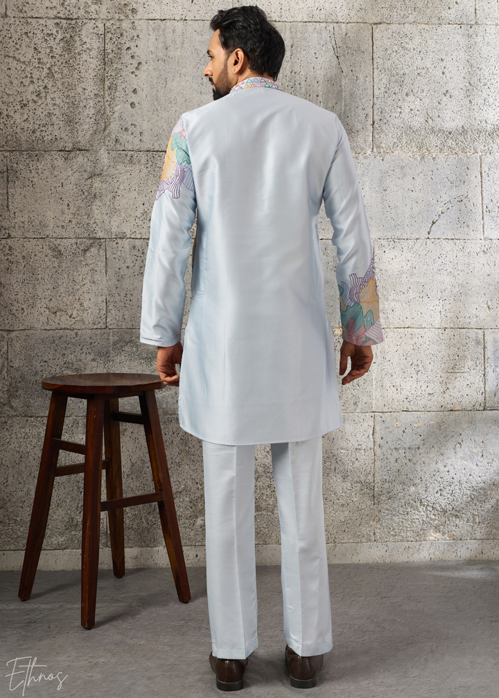 Powder Blue Abstract-Flora Silk Kurta Pajama Set
