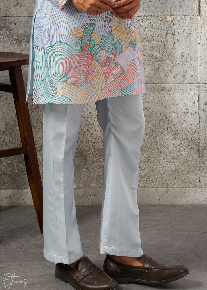 Powder Blue Abstract-Flora Silk Kurta Pajama Set
