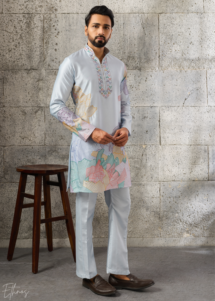 Powder Blue Abstract-Flora Silk Kurta Pajama Set