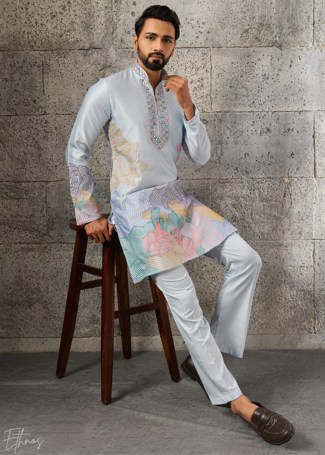 Powder Blue Abstract-Flora Silk Kurta Pajama Set