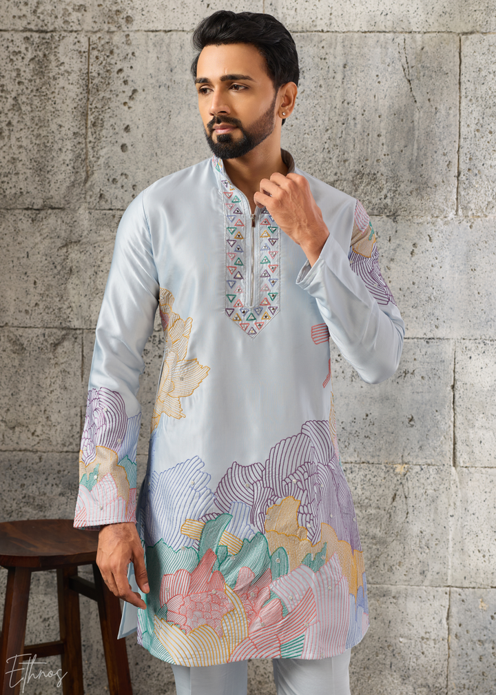 Powder Blue Abstract-Flora Silk Kurta Pajama Set