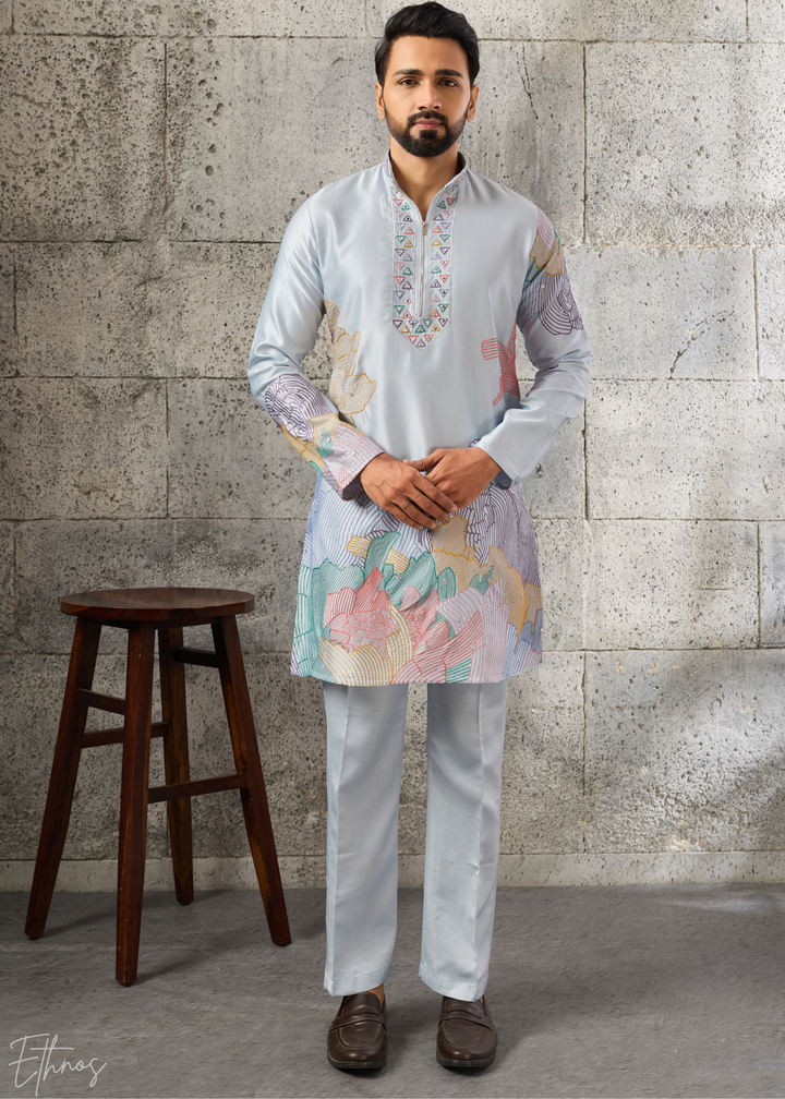 Powder Blue Abstract-Flora Silk Kurta Pajama Set