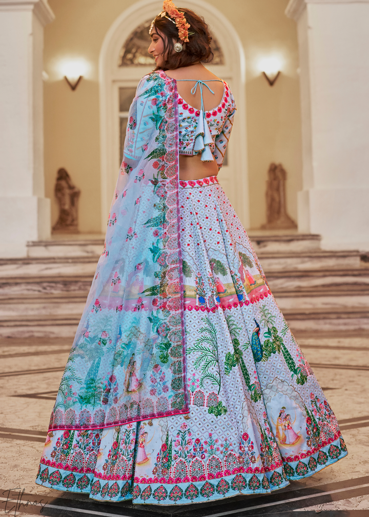 Powder Blue Architectural-Print Silk Lehenga