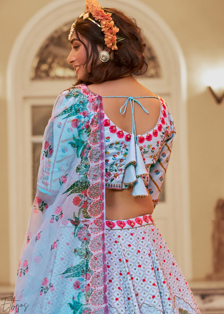 Powder Blue Architectural-Print Silk Lehenga