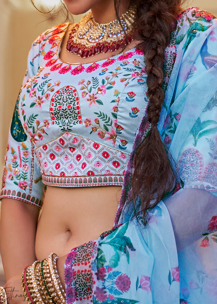 Powder Blue Architectural-Print Silk Lehenga