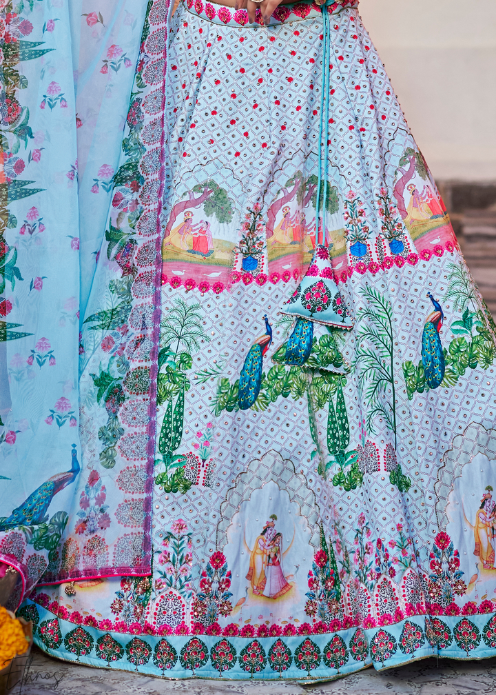 Powder Blue Architectural-Print Silk Lehenga