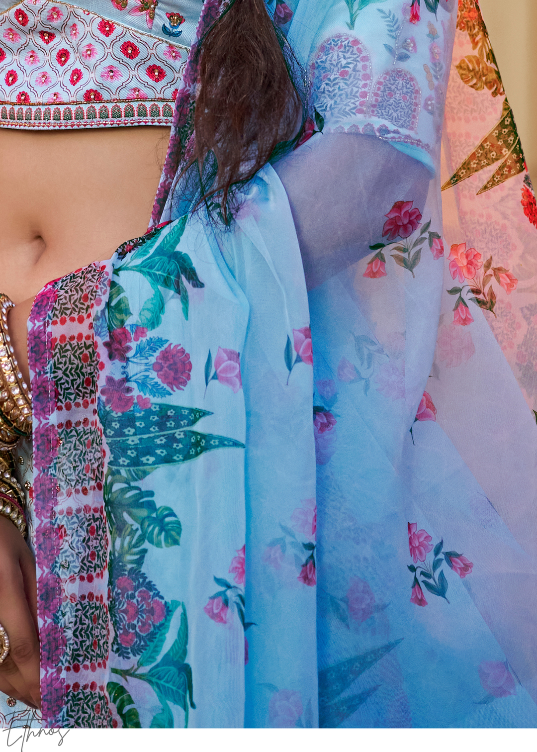 Powder Blue Architectural-Print Silk Lehenga
