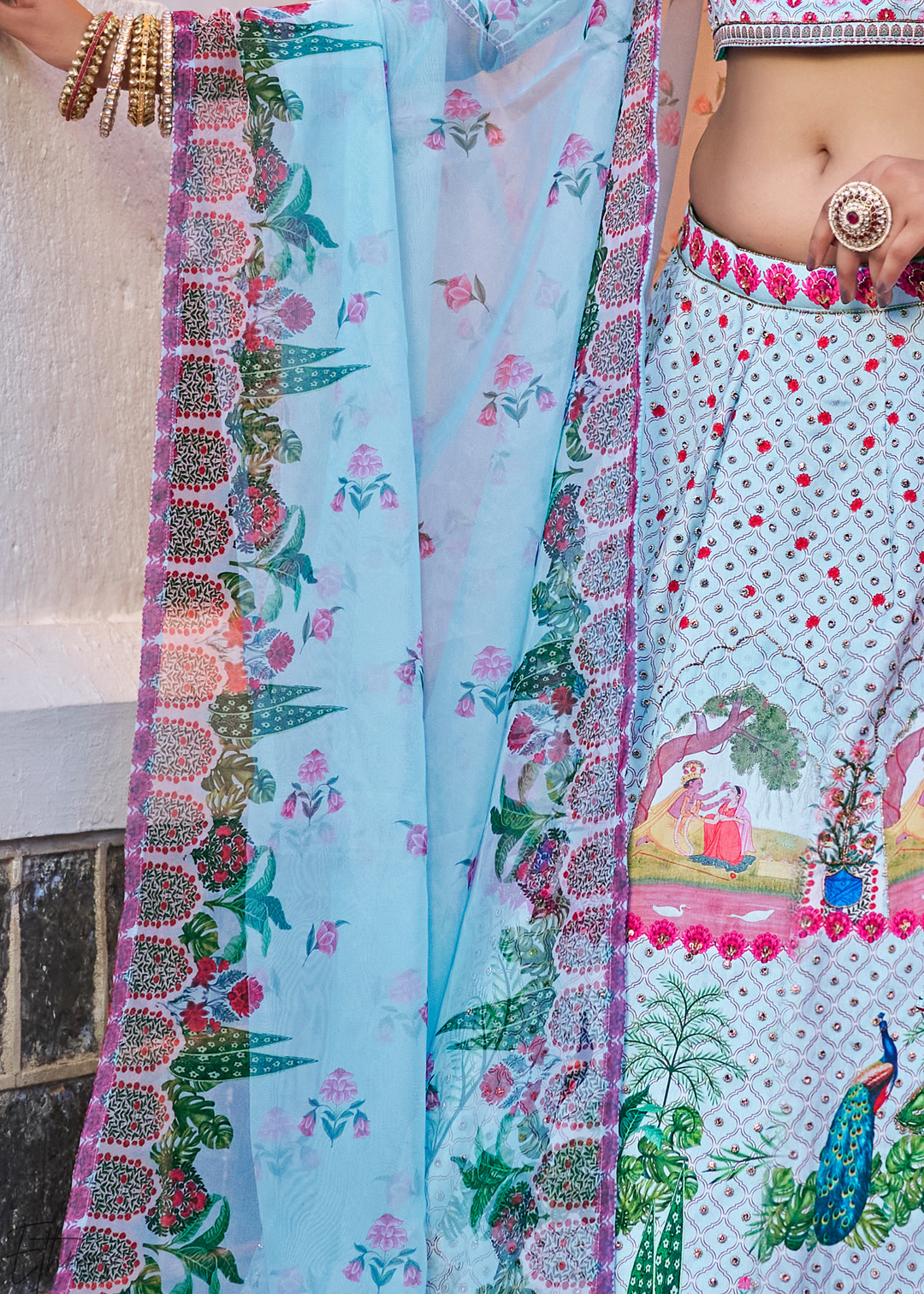 Powder Blue Architectural-Print Silk Lehenga