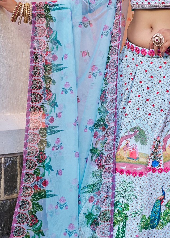 Powder Blue Architectural-Print Silk Lehenga