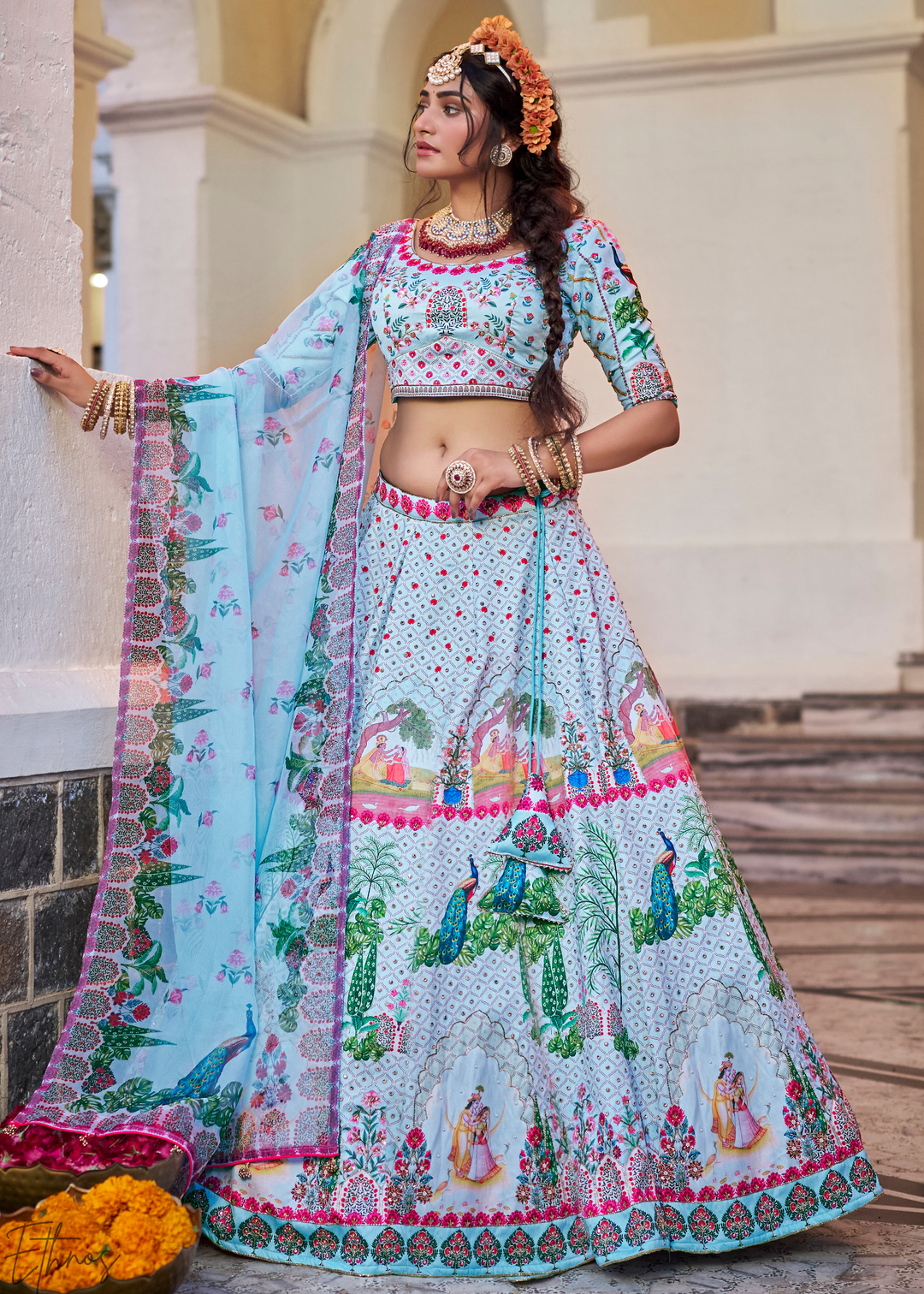 Powder Blue Architectural-Print Silk Lehenga